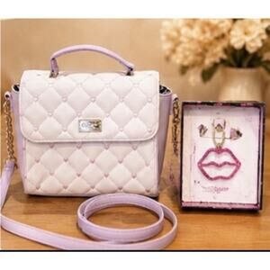 Betsey Johnson Pink Heart Quilted Crossbody Satchel Bundle Lips Charm NWT Rare